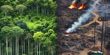 DALL·E 2024 12 20 23.08.23 A visually striking image of a dense tropical rainforest being impacted by human activities with one side showing lush green forest and the other sid