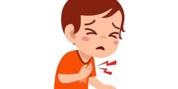 El nino pequeno se siente mal cuando le duele el pecho Vector Premium