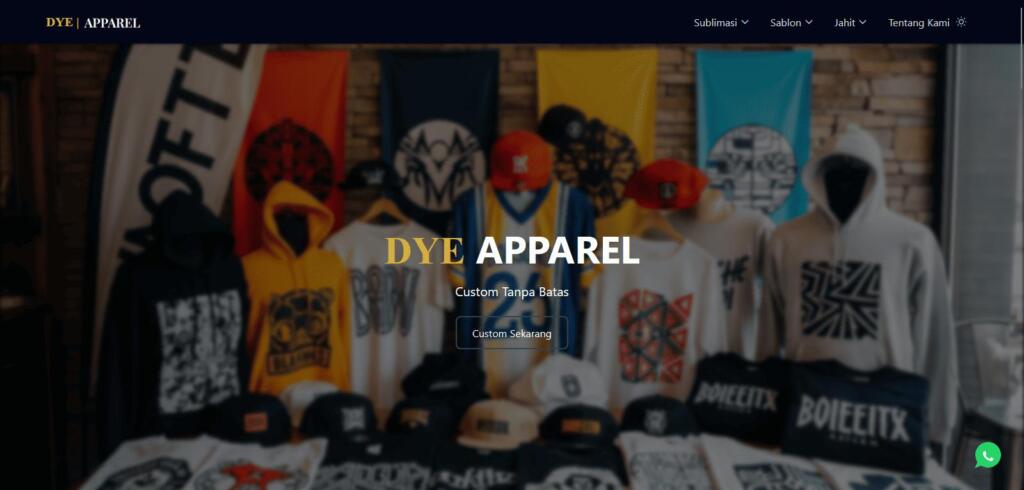 Mahasiswa Universitas Pamulang Kembangkan Website UMKM DYE Apparel 5 Tampilan homepage DYE Apparel di desktop.