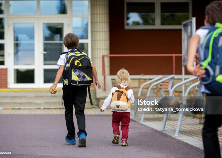 School children, boys, going back to school after the summer vacation, kids going to school