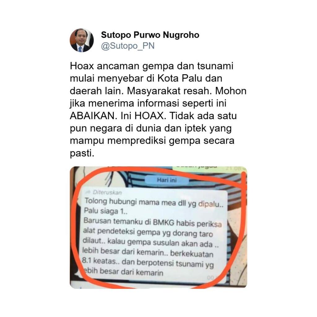 Screenshot dari postingan Twitter @Sutopo_PN, 1 Oktober 2018.