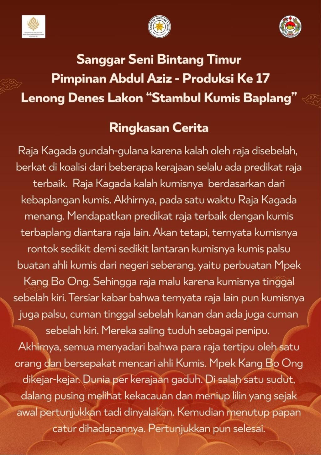 Lenong Denes Tampil Lagi di Panggung Teater 2 siaran berita.com Ringkasan Cerita Lenong Denes lakon stambul kumis baplang pimpinan Abdul Aziz Produksi Ke 17