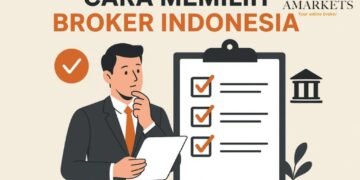 Ilustrasi flat design dengan teks “Cara Memilih Broker Indonesia”, menampilkan pria bersetelan membawa dokumen di samping ikon bank dan papan checklist bercentang oranye.