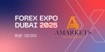 Forex Expo Dubai 2025, 6–7 Oktober di Dubai World Trade Centre, menampilkan logo AMarkets sebagai Diamond Sponsor broker forex terpercaya.