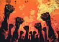 Duo tone illustration of a *People raised arm and raised fists, face solemn, shouted demands*, humen right concept, --v 6.0 --ar 3:2 --c 10