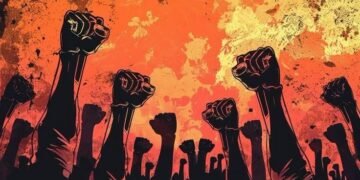 Duo tone illustration of a *People raised arm and raised fists, face solemn, shouted demands*, humen right concept, --v 6.0 --ar 3:2 --c 10