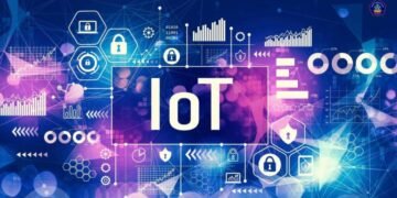 Gambar: Ilustrasi digital Internet of Things (IoT) dengan grafik data, ikon keamanan siber, dan visualisasi konektivitas jaringan.