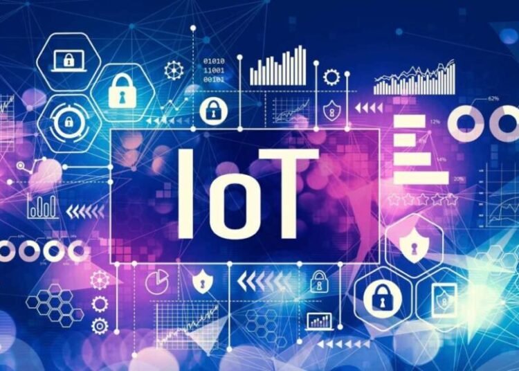 Gambar: Ilustrasi digital Internet of Things (IoT) dengan grafik data, ikon keamanan siber, dan visualisasi konektivitas jaringan.
