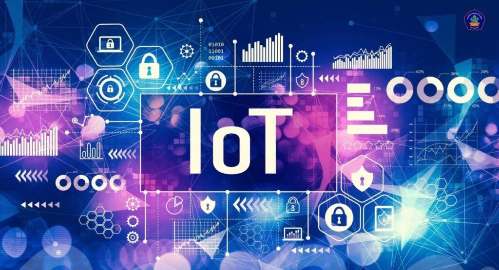 Gambar: Ilustrasi digital Internet of Things (IoT) dengan grafik data, ikon keamanan siber, dan visualisasi konektivitas jaringan.