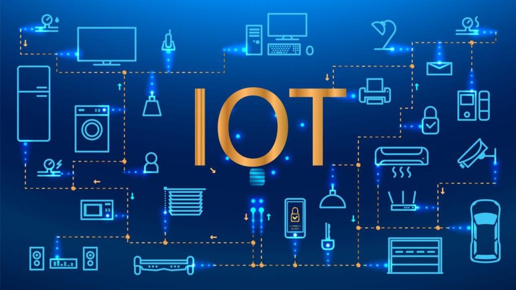 Diagram jaringan IoT menghubungkan berbagai perangkat smart home dan elektronik.