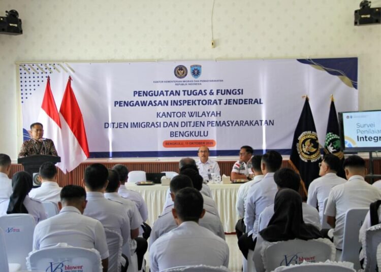 Sinergi Penguatan Integritas: Lapas Bengkulu Jadi Tuan Rumah Monev Survei Penilaian Integritas dan LHK oleh Itjen PAS 46 Jajaran pegawai mengikuti kegiatan Monitoring dan Evaluasi Survei Penilaian Integritas dan Kepatuhan Laporan Harta Kekayaan melalui Aplikasi CARAKA oleh Inspektorat Jenderal Pemasyarakatan. Doc. Humas