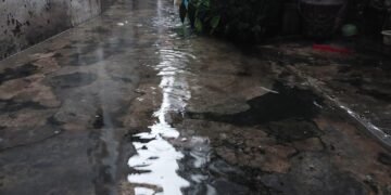 Foto tersebut menunjukkan genangan air di depan sebuah rumah, kemungkinan setelah hujan. Air menutupi sebagian besar area paving atau semen di halaman, memantulkan sedikit cahaya langit. Di sisi kanan, terlihat beberapa tanaman dalam pot dan semak-semak, serta bagian dari dinding rumah dengan cat yang mengelupas. Di sisi kiri, ada dinding bangunan lain yang juga menunjukkan tanda-tanda keausan. Suasana tampak lembap dan mendung.