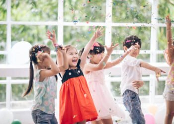 Happy child with Friendship in carnival party or Celebration Party birthday or New Year Christmas