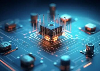 Gambar: Ilustrasi konsep Internet of Things dengan miniatur bangunan dan perangkat yang saling terhubung melalui jaringan digital bercahaya biru.