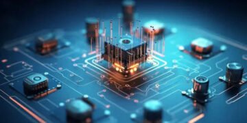 Gambar: Ilustrasi konsep Internet of Things dengan miniatur bangunan dan perangkat yang saling terhubung melalui jaringan digital bercahaya biru.