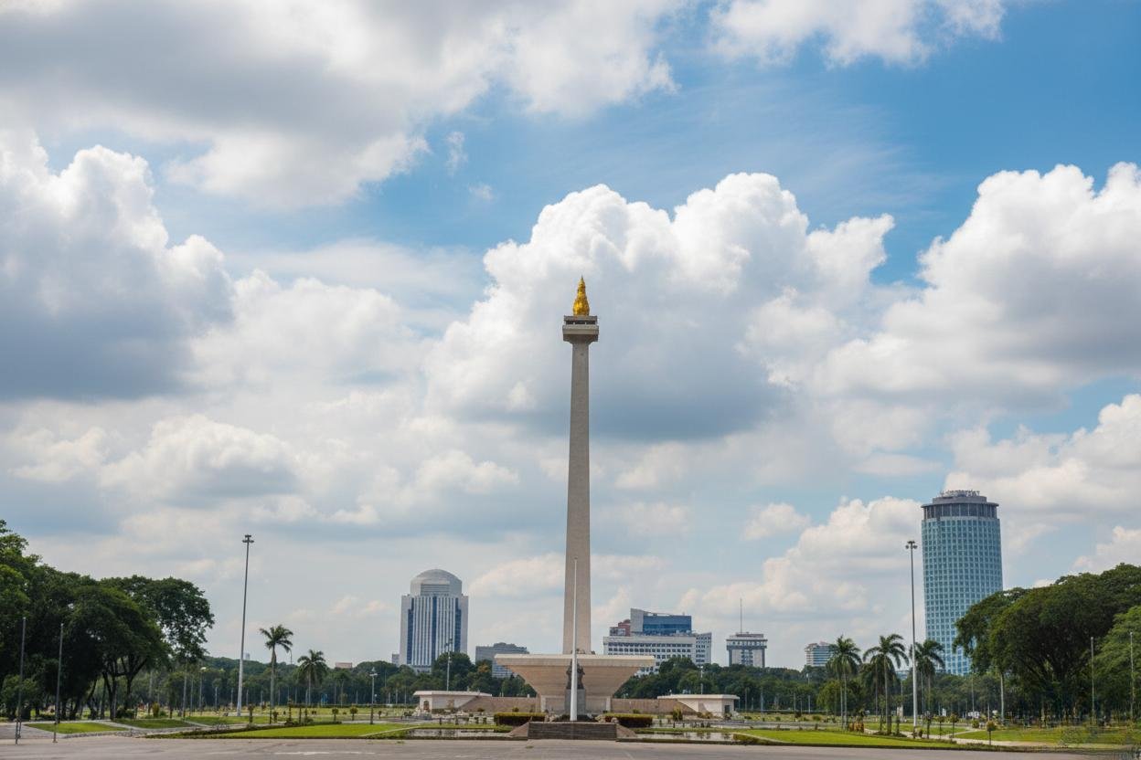 Monumen Nasional atau Monas dilihat dari atas dek bus wisata Jakarta Heritage.