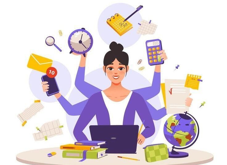 gambar ilustrasi perempuan sedang melakukan kegiatan dengan multitasking