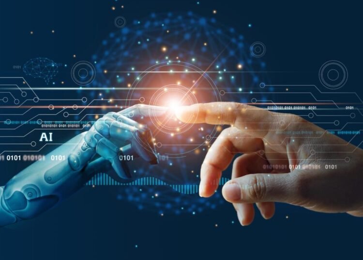 AI, Machine learning, Hands of robot and human touching on big data network connection background, Science and artificial intelligence technology, innovation and futuristic.