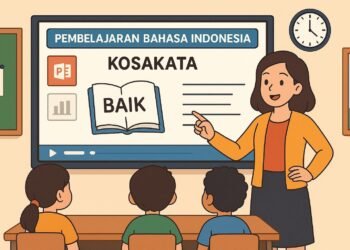 Ilustrasi seorang guru mengajar muridnya menggunakan powerpoint