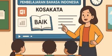 Ilustrasi seorang guru mengajar muridnya menggunakan powerpoint