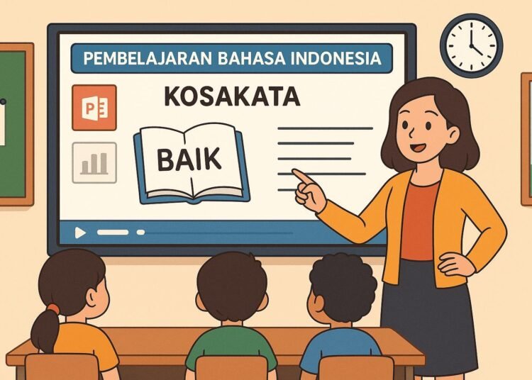 Dari Slide ke Makna: Kosakata yang Terbangun 46 Ilustrasi seorang guru mengajar muridnya menggunakan powerpoint