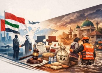 Kompleksitas diplomasi kemanusiaan dan tata kelola bantuan asing Indonesia dalam konteks kasus Medan–UEA. Ilustrasi: Diolah oleh Penulis, 2025.