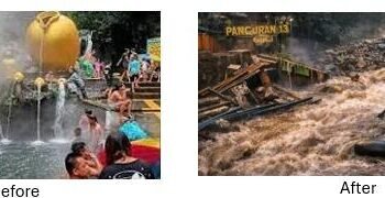 Perbandingan kondisi kawasan wisata Guci, Kabupaten Tegal, sebelum dan sesudah banjir bandang.