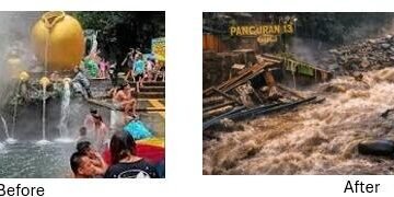Perbandingan kondisi kawasan wisata Guci, Kabupaten Tegal, sebelum dan sesudah banjir bandang.