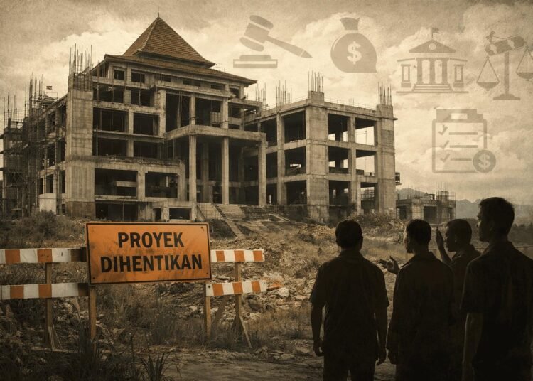 Proyek Gedung Pemerintah Kabupaten Sukabumi yang hingga kini belum difungsikan. Foto: Diilustrasikan oleh Penulis, 2025