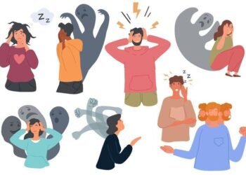 People with mental health problems and psychological disorders. Insomnia, schizophrenia, anxiety, bipolar, panic attacks. Set of colored flat cartoon vector illustrations isolated on white background
