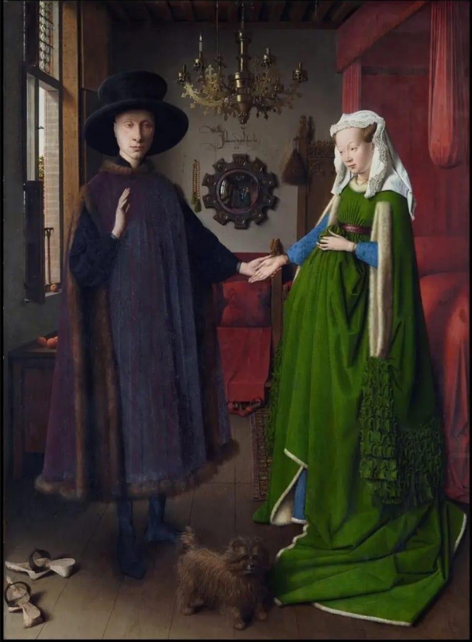 Misteri di Balik “Potret Arnolfini”: Cermin, Sumpah, dan Kisah yang Tak Tersampaikan “The Arnolfini Portrait” atau “Potret Arnolfini” karya Jan van Eyck (1434) adalah salah satu lukisan paling penuh teka-teki dalam sejarah seni. Meski berusia hampir enam abad, lukisan ini masih memicu perdebatan panjang di kalangan sejarawan dan peneliti. Apa sebenarnya yang digambarkan? Sebuah pernikahan? Pertunangan? Atau sekadar potret formal pasangan bangsawan? Pernikahan atau Pertunangan? Selama bertahun-tahun, para ahli mengira lukisan ini menampilkan upacara pernikahan Giovanni di Nicolao Arnolfini dan istrinya. Gestur tangan, posisi tubuh, serta objek-objek simbolis seperti sepatu, lilin, hingga anjing kecil sering dihubungkan dengan ritual pernikahan pada masa itu. Namun, teori lain muncul: mungkin yang digambarkan bukan pernikahan, melainkan pertunangan atau sebuah momen formal penuh makna yang tidak terkait langsung dengan akad nikah. Perdebatan ini muncul karena beberapa unsur dalam lukisan tidak sepenuhnya sesuai dengan ritual pernikahan abad ke-15.