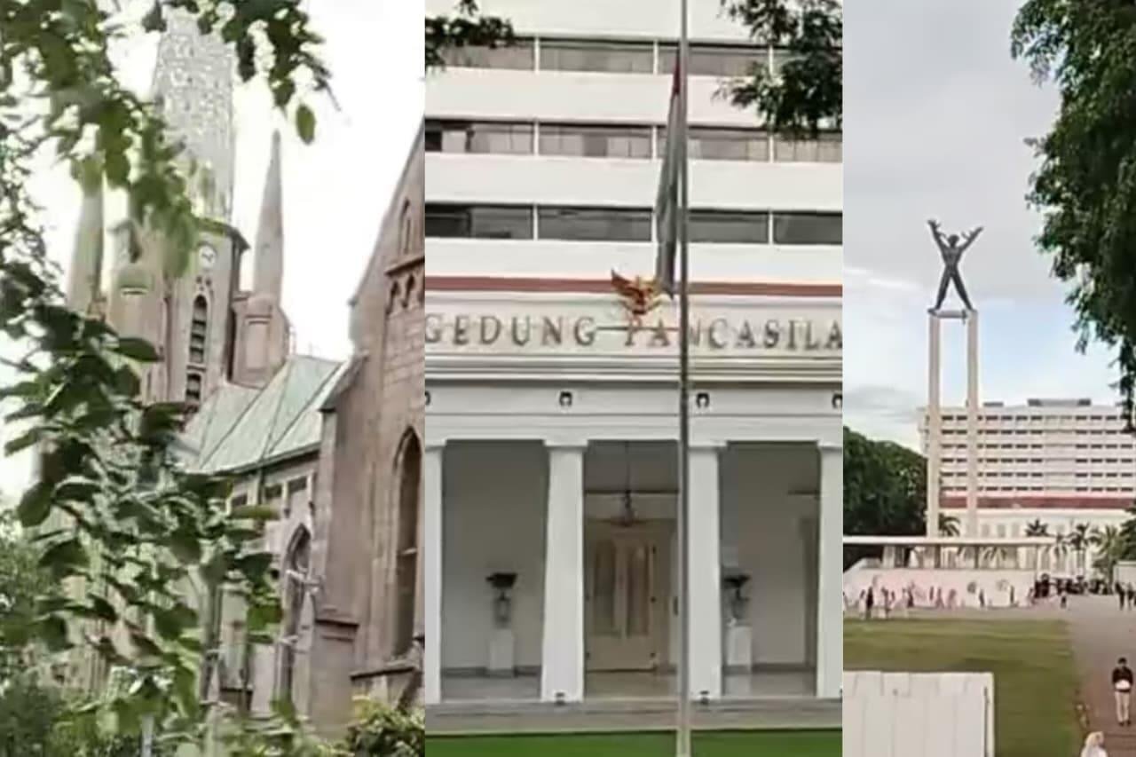 Kolase pemandangan Gereja Katedral, Gedung Pancasila, dan Monumen Pembebasan Irian Barat di Jakarta.