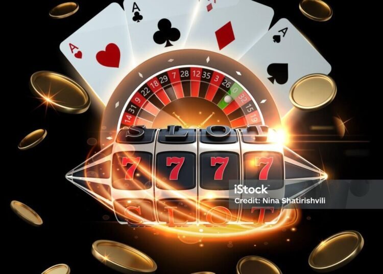 Modern Golden, White And Red Slot Machine, Roulette Wheel, Four Aces, Coins With Futuristic Orange Neon Lights On Black Background.