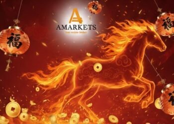 Ilustrasi kuda emas menyala berlari di tengah nuansa merah Imlek dengan lampion dan koin emas, disertai logo AMarkets di bagian atas.