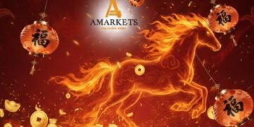 Ilustrasi kuda emas menyala berlari di tengah nuansa merah Imlek dengan lampion dan koin emas, disertai logo AMarkets di bagian atas.