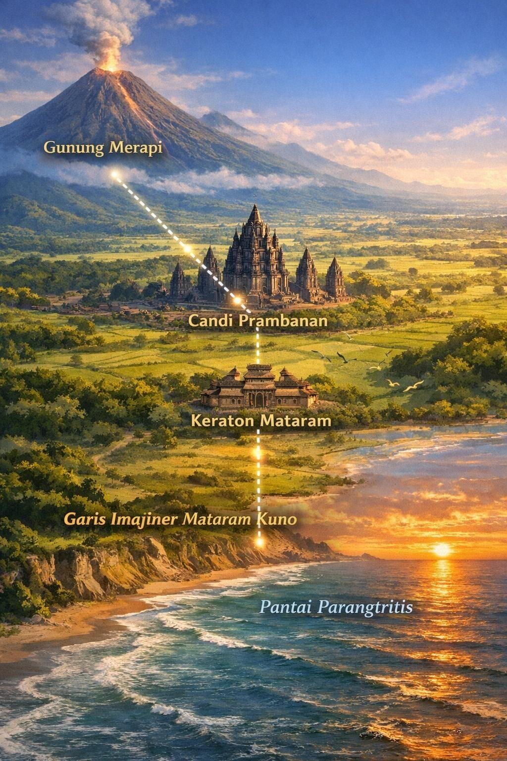 Prambanan, Garis Imajiner, dan Cara Pandang Kosmologis yang Terlupakan 48 Ilustrasi Garis Imajiner era Mataram Kuna yang menghubungkan antara Gunung Merapi, Candi Prambanan, Kraton Mataram Kuna dimana sekarang terkenal sebagai Candi Ratu Boko dan Pantai Selatan Yogyakarta (Yusuf)