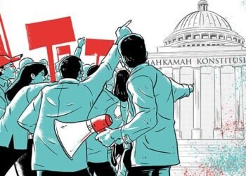 Ilustrasi mahasiswa menyampaikan aspirasi di depan lembaga konstitusi
