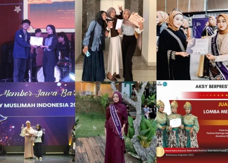Ninda Nabila Fauziah berpose sambil memegang piala dan sertifikat setelah meraih berbagai prestasi dalam lomba fashion, seni, dan vlog selama masa perkuliahan.