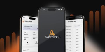 Antarmuka aplikasi mobile Partner App dari AMarkets yang menampilkan dashboard affiliate dengan statistik referral, jumlah klien, dan komisi trading secara real-time.