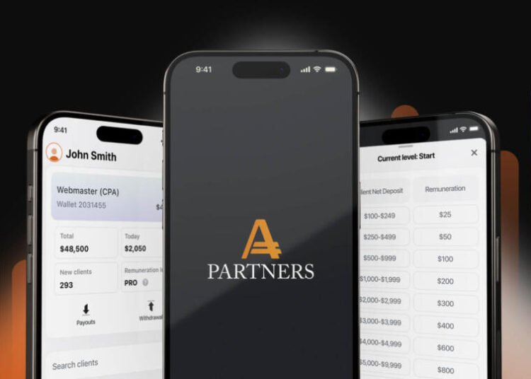 Antarmuka aplikasi mobile Partner App dari AMarkets yang menampilkan dashboard affiliate dengan statistik referral, jumlah klien, dan komisi trading secara real-time.