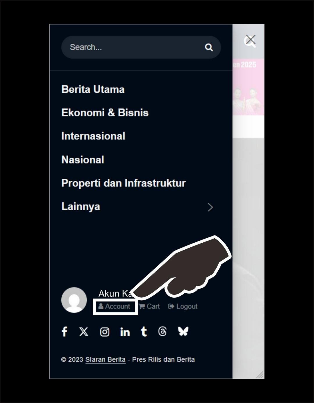 Setelah login, kamu bisa tekan tombol garis 3 putih di pojok kiri atas layar gadget kamu ya, lalu tekan tombol "Account"