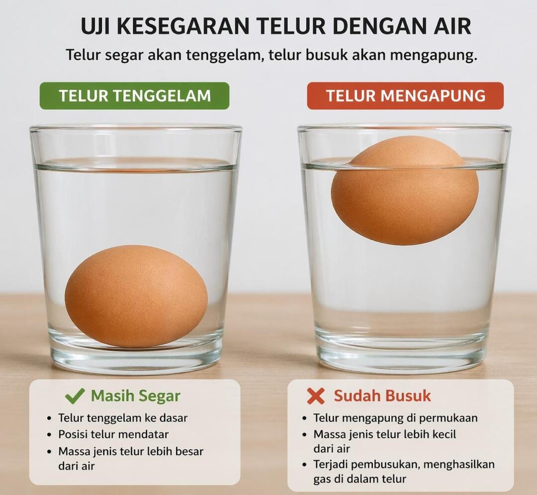 “Telur tenggelam menandakan masih segar, sedangkan telur yang mengapung menunjukkan telah mengalami perubahan kimia di dalamnya.”