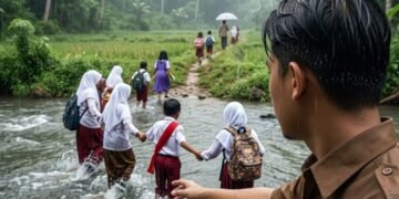 Minimnya Fasilitas Menuju Sekolah Viral! Kisah Guru SD jaga Murid Menyeberangi Arus Deras Jadi Sorotan 1 Kisah guru SD