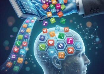 Ilustrasi otak manusia dengan berbagai ikon aplikasi dan data digital, melambangkan konstruksi persepsi dan bias informasi.