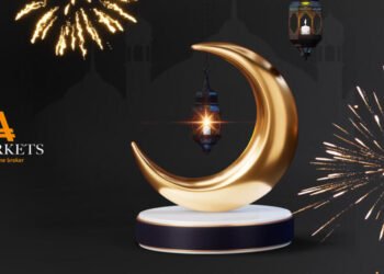 Ilustrasi promo Eid Mubarak 2026 AMarkets dengan bulan sabit emas, lampu Ramadan, dan kembang api sebagai simbol bonus deposit hingga 100 persen