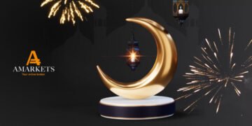 Ilustrasi promo Eid Mubarak 2026 AMarkets dengan bulan sabit emas, lampu Ramadan, dan kembang api sebagai simbol bonus deposit hingga 100 persen