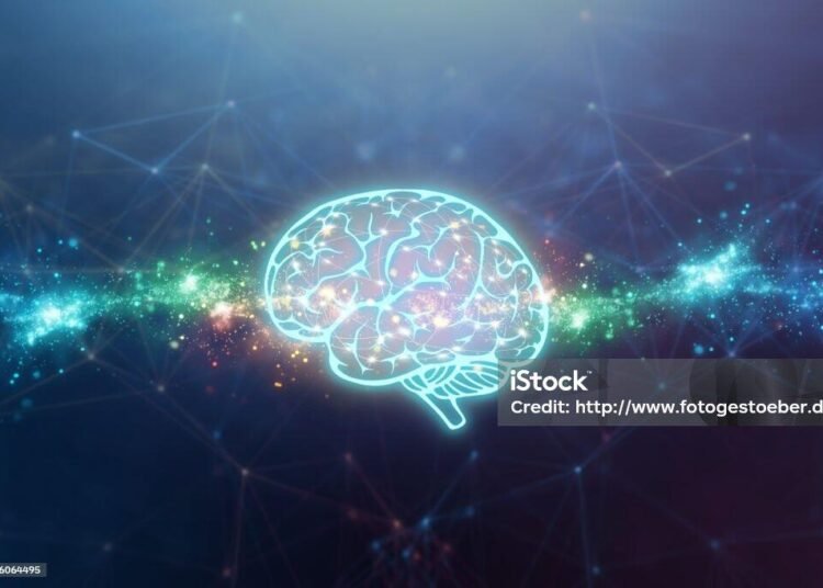 Mengurai Klaim Law of Attraction: Bukti, Persepsi, dan Miskonsepsi 46 abstract data stream illustration with a brain symbol in front of an abstract network background