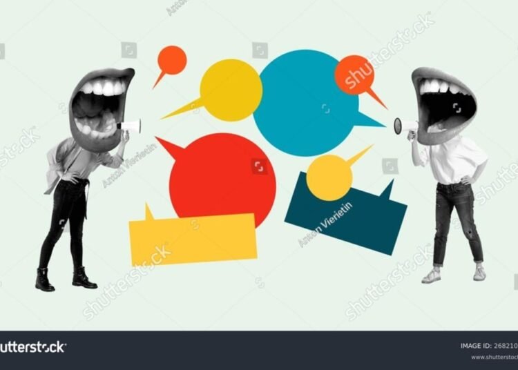 Mayoritas Tidak Selalu Benar : Kritik terhadap Logika Kerumunan 46 stock photo contemporary collage two people with mouth heads shouting into megaphones among speech bubbles 2682101307