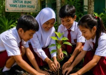 Anak-anak Sekolah Dasar sedang menanam pohon di lingkungan sekolah sebagai bentuk kepedulian terhadap alam dan penghijauan lingkungan. (Sumber: Dokumentasi Pribadi)