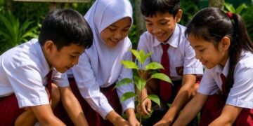 Anak-anak Sekolah Dasar sedang menanam pohon di lingkungan sekolah sebagai bentuk kepedulian terhadap alam dan penghijauan lingkungan. (Sumber: Dokumentasi Pribadi)